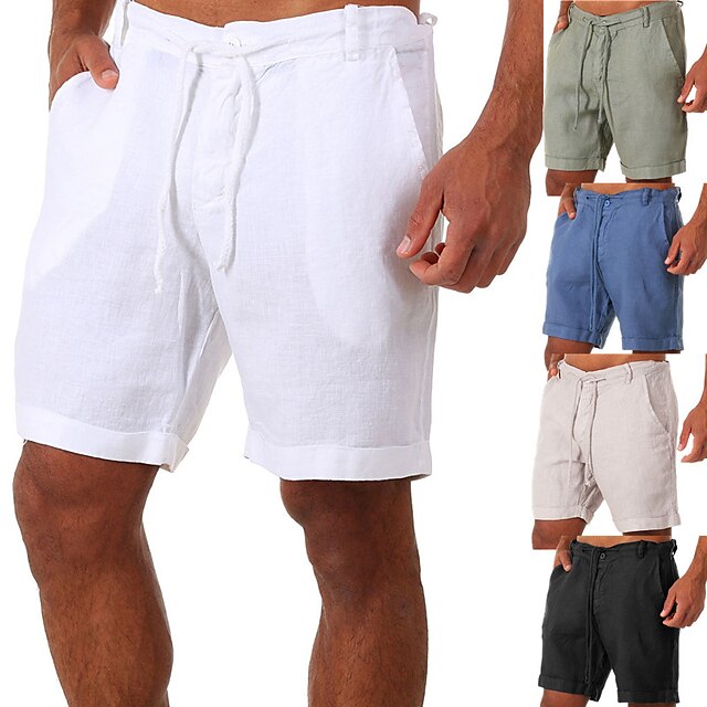  Men's Linen Shorts Yoga Fitness Gym Workout Bottoms White Black Green Cotton Sports Activewear Micro-elastic Loose Fit / Athleisure