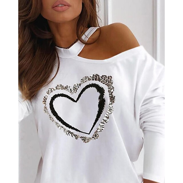  Women's Shirt Blouse Black White Light Grey Cut Out Print Heart Letter Daily Weekend Long Sleeve Round Neck Streetwear Casual Regular S