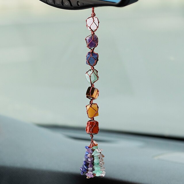  Car Decor Accessories 7 Chakra Healing Crystals Rear View Mirror Hanging Ornament Hippie Boho Home Interior Room Meditation Tumbled Stones Wall Window Decorations for Women Girl Men