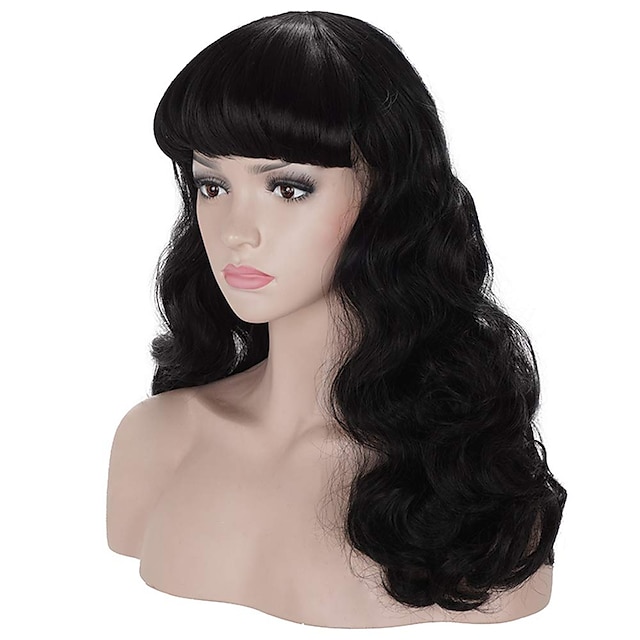  50s Vintage Medium Length Black Wigs with Bangs  Natural Wavy Synthetic Hair Wig for Women Cosplay Halloween