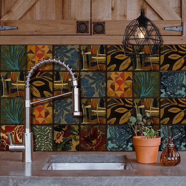  Pegatinas de azulejos impermeables y a prueba de aceite para cocina, película de cristal, diseño de hojas de colores de Túnez, pegatinas de pared gruesas para renovación de azulejos