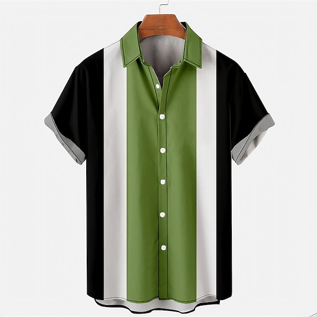 Men's Shirt Bowling Shirt Button Up Shirt Summer Shirt Black+White+Army ...