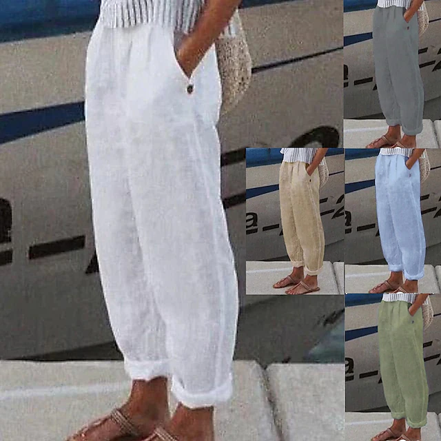 Women's Cotton Linen Pants High Waist Solid Color Wide Leg Breathable Quick Dry Soft Micro-elastic Athletic Casual Athleisure White Blue Green Khaki Spring Fall Loose Fit 16