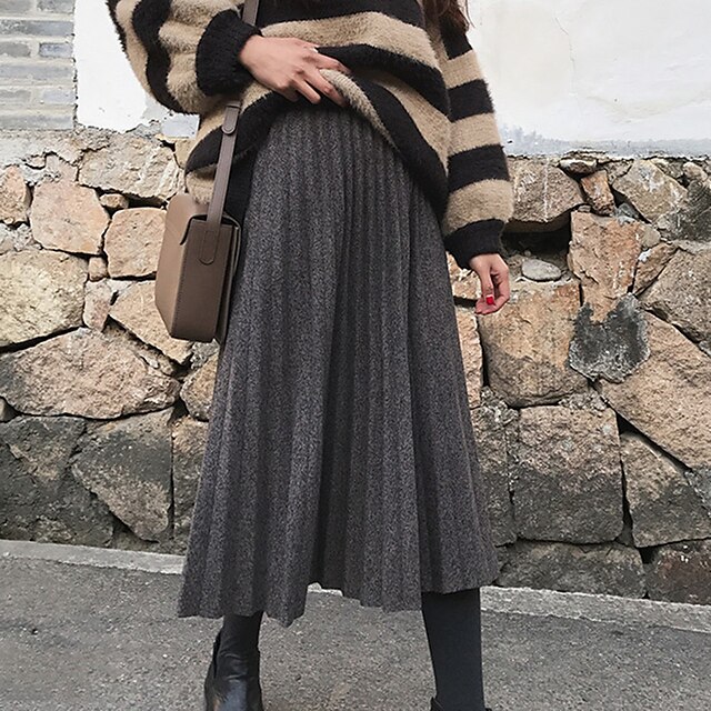  Women's Skirt & Dress Woolen Midi Black Gray Skirts Pleated Casual Daily Weekend Fashion M L XL
