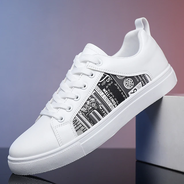 Men's White Casual Graphic Sneakers - Stylish Lace-Up Low-Top Shoes with Black and White Print for Streetwear and Everyday Wear 7
