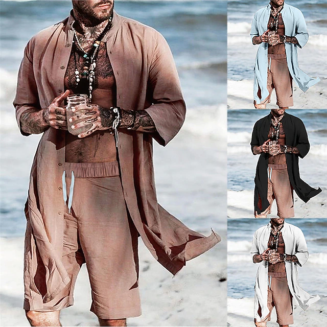 Men's Summer Shirt Casual Shirt Beach Shirt Plain Vacation Street Blue Coffee Long Sleeve Standing Collar Summer Clothing Apparel Button-Down 5