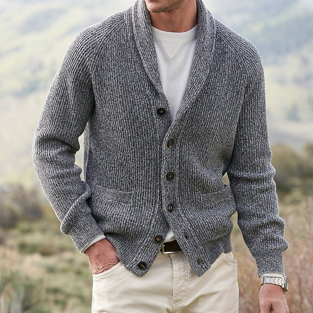 Men's Sweater Cardigan Sweater Ribbed Knit Button Knitted Solid Color V