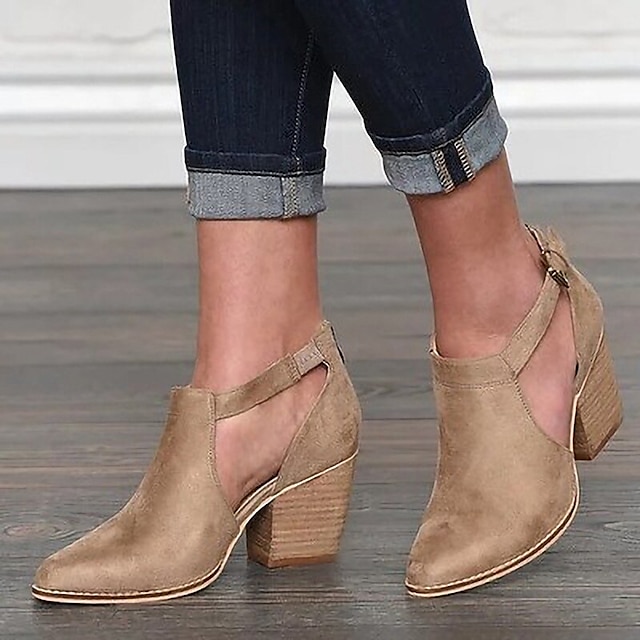  Women's Tan Suede Cut-Out Ankle Boots with Block Heels - Perfect for Casual Outings, Spring and Fall Fashion, and Stylish Everyday Wear