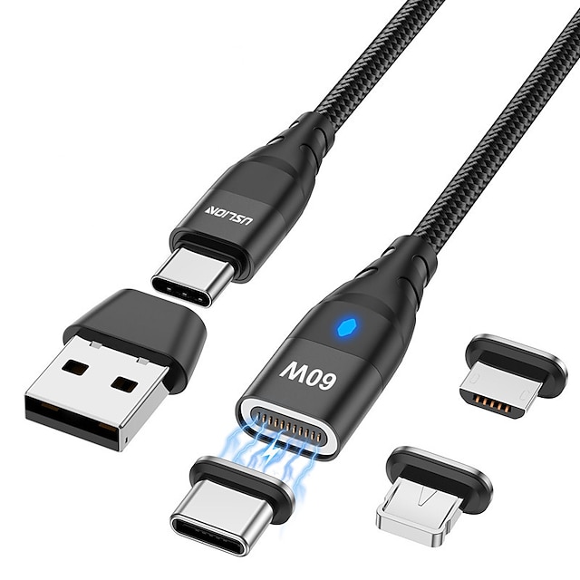  USB 3.0-Kabel 60W 3,3 Fuß USB C zu Lightning / Mikro / USB C 3 A Schnellladen Hohe Datenübertragung Nylon geflochten Langlebig Magnetisch Für MacBook Samsung Xiaomi Handy-Zubehör
