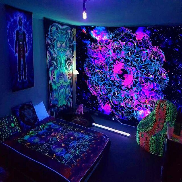  Halloween-Schwarzlicht-UV-reaktiver Wandteppich, Kunstdekor, böhmische Decke, Vorhang, zum Aufhängen, für Zuhause, Schlafzimmer, Dekoration, Polyester