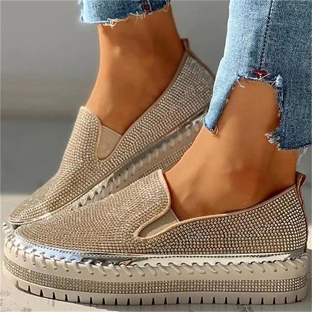  Women's Slip-Ons Comfort Shoes Plus Size Daily Rhinestone Flat Heel Round Toe Casual PU Leather Loafer Solid Colored Silver Black Pink