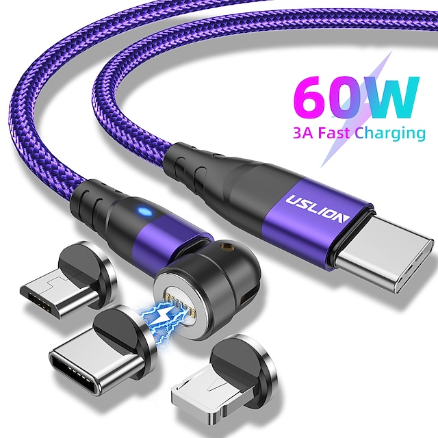  Cable de carga múltiple 60W 3,3 pies 6.6 pies USB C a Lightning / micro / USB C 3 A Carga rápida nailon trenzado Duradero Magnética Para Samsung Xiaomi Huawei Accesorio para Teléfono Móvil