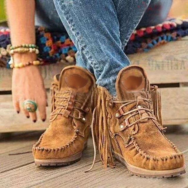  Women's Boots Cowboy Boots Tassel Shoes Plus Size Outdoor Daily Solid Colored Booties Ankle Boots Winter Tassel Flat Heel Round Toe Vintage Casual Walking PU Lace-up Black Blue Brown