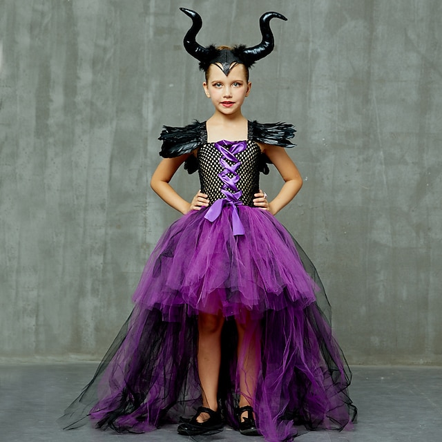  Witch Maleficent Outfits Tutu Girls' Movie Cosplay Princess Sweet Black Masquerade Dress Headwear