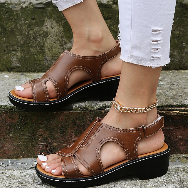 Women's Brown Faux Leather Slingback Sandals with Cut-Out Design and Wedge Heel - Comfortable Summer Walking Shoes 13