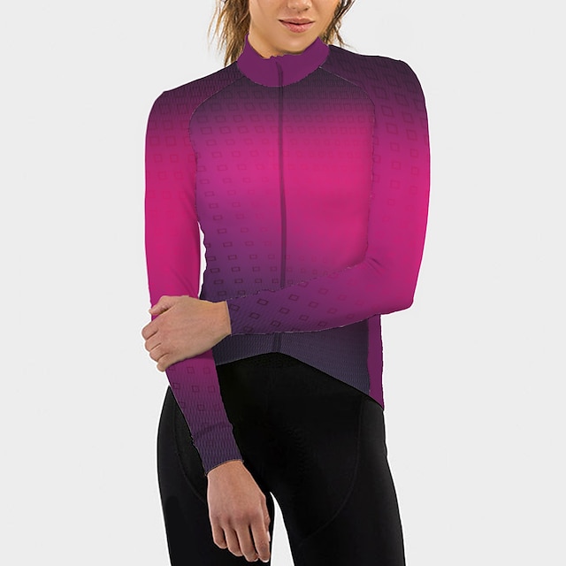  21Grams Women's Cycling Jersey Long Sleeve Bike Top with 3 Rear Pockets Mountain Bike MTB Road Bike Cycling Breathable Quick Dry Moisture Wicking Reflective Strips Green Yellow Fuchsia Gradient Plaid