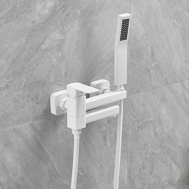  badekar vandhane dobbelt tud vægmonteret hvid, badekar påfyldningsbatteri af messing med håndbruserhåndtag, keramisk ventil enkeltgrebskontrol