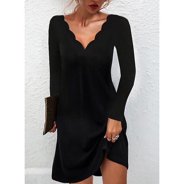  Women's Casual Dress Mini Dress Black Red Pure Color Long Sleeve Winter Fall Autumn Patchwork Basic Scalloped Neck Winter Dress Daily Weekend 2023 S M L XL 2XL