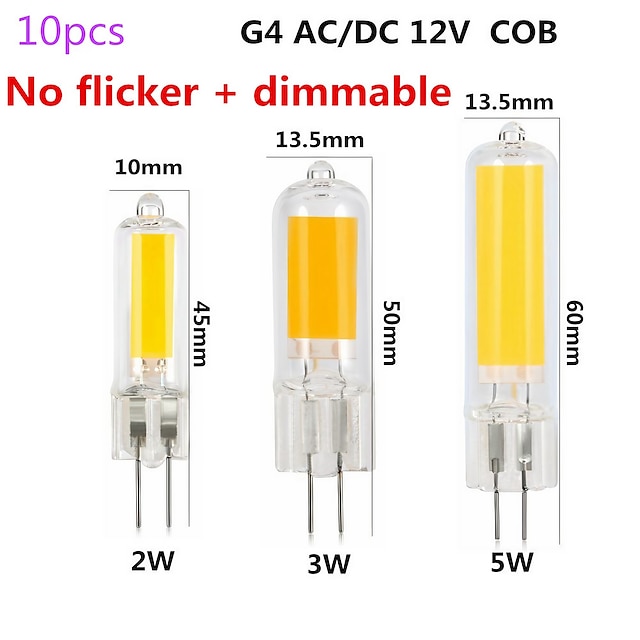  10 peças regulável sem cintilação de vidro led g4 cob bulbo 2w ac/dc12v 3w 5w lâmpada de cristal led lâmpada lampada substituir lâmpadas halógenas