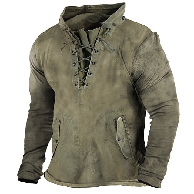  Men's Sweatshirt Pullover Solid Color Daily Holiday Going out Lace up Cotton Streetwear Casual Tactical Clothing Apparel Hoodies Sweatshirts  Long Sleeve Green Black