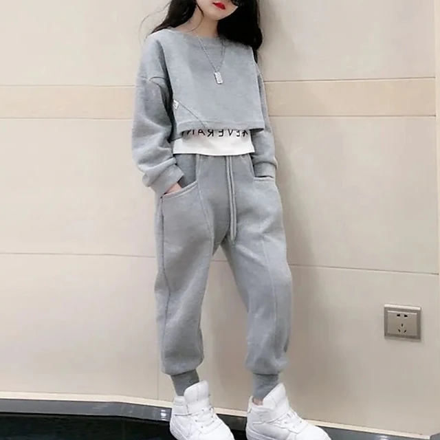 Kids Girls' Sweatshirt & Pants 2 Pieces Clothing Set Long Sleeve Gray Purple Pink Solid Color Sports Vacation Fashion Comfort 3-12 Years 14