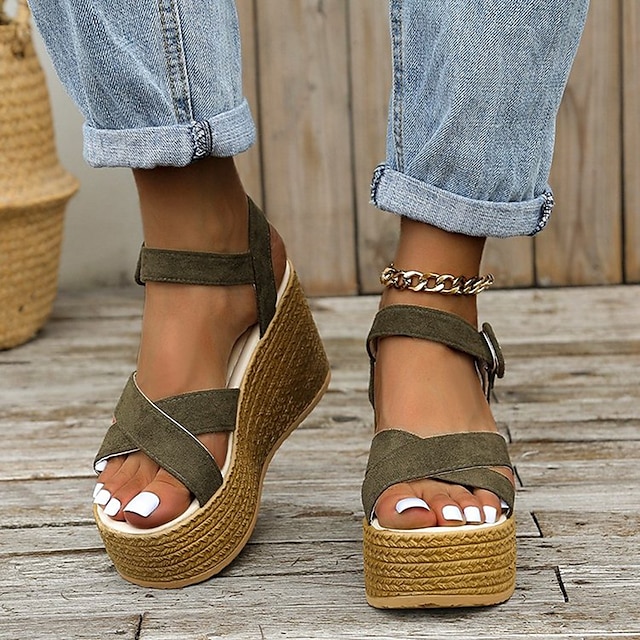  sandali con zeppa espadrillas da donna – scarpe estive con cinturino e plateau in pelle scamosciata verde oliva con chiusura a fibbia, stile casual da spiaggia e da vacanza