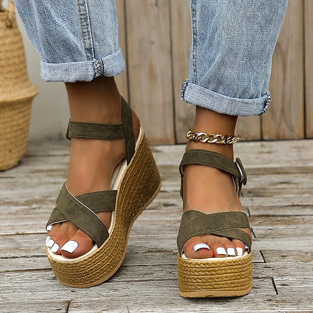 Women's Espadrille Wedge Sandals – Olive Green Suede Platform Strappy Summer Shoes with Buckle Closure, Casual Beach & Vacation Style 10