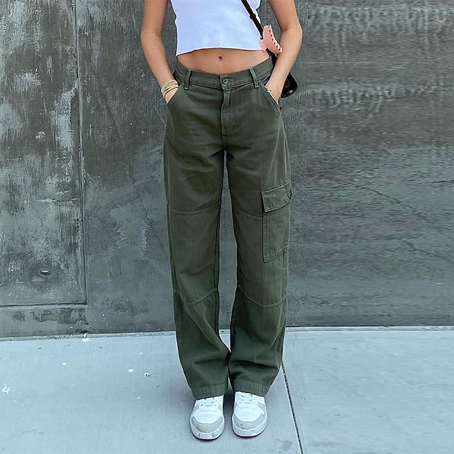  Women's Jeans Cargo Pants Pants Trousers Full Length Cotton Baggy Micro-elastic Low Waist Simple Casual Daily ArmyGreen Black S M Spring &  Fall