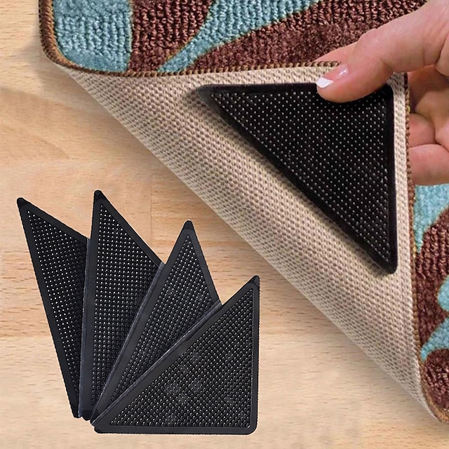  4pcs Rug Corners Grippers for Hardwood Floors Wood Floor Carpet Laminate Area Rugs on Tile - Rug Stickers - Rug Pads - Rug Tape - Double Sided Rug Tape - No Slip Rug Grip - Anti Slip Rug Grips