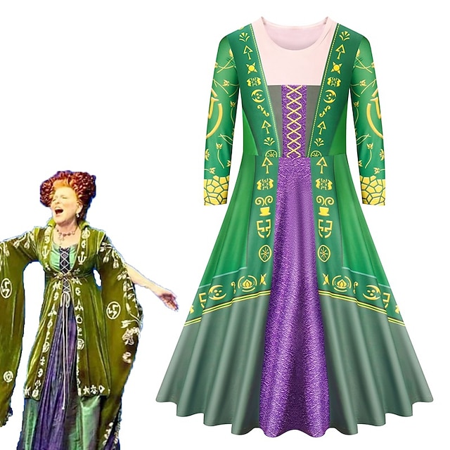  הוקוס פוקוס קוסם שמלות תחפושות קוספליי בנות תחפושות משחק של דמויות מסרטים קוספליי שמלת תבנית ורוד אדום ירוק יום הילד נשף מסכות שמלה
