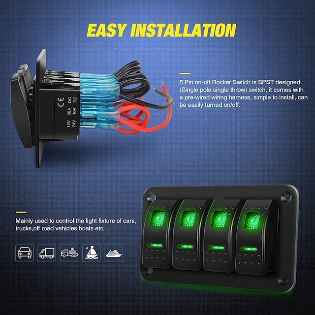 4 Gang Rocker Switch Panel 5Pin On Off Toggle Switch Aluminum Holder 12V 24V Dash Pre-Wired Blue Green Red Backlit Switches for Automotive Cars Marine Boats RVs Truck 10