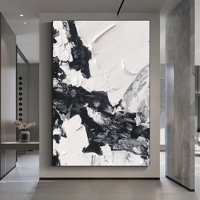 Handmade Hand Painted Oil Painting Thick Texture Wall Art Modern Abstract Black White Painting Home Decoration Decor Rolled Canvas No Frame Unstretched 24