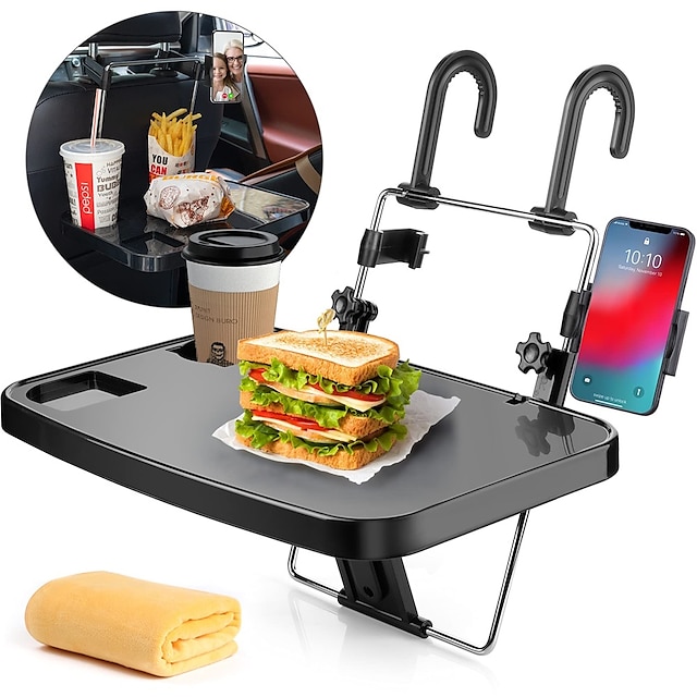  Foldable Car Seat Back Portable Tray with Phone Mount Steering Wheel Tray for Food Dining Drink and Laptop Hanging Car Steering Wheel Tray