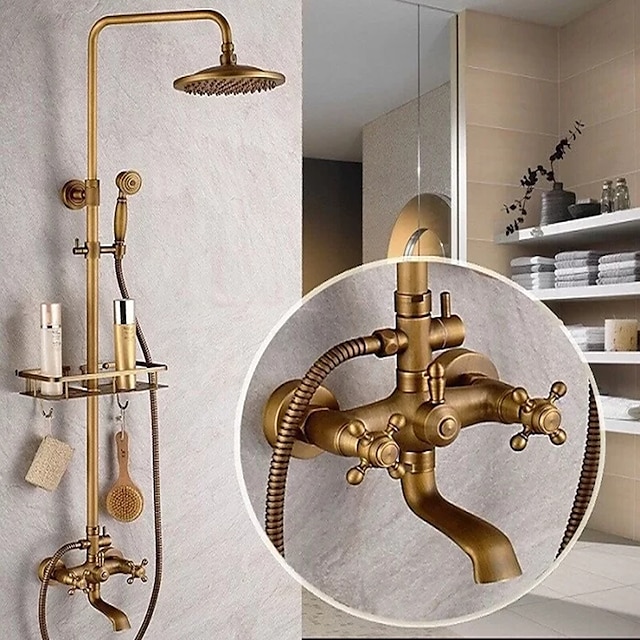  Shower Faucet,Shower System Set,Rainfall Antique Brass Shower Fixture 8 Inch Shower Head Handled Shower Waterfall Tub Spout Wall Mounted Outdoor Shower System with Shower Shelf