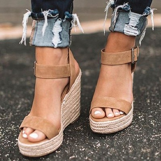 Women's Sandals Wedge Sandals Espadrilles Ankle Strap Sandals Daily Beach Solid Color Summer Casual PU Synthetics Ankle Strap Black White Brown