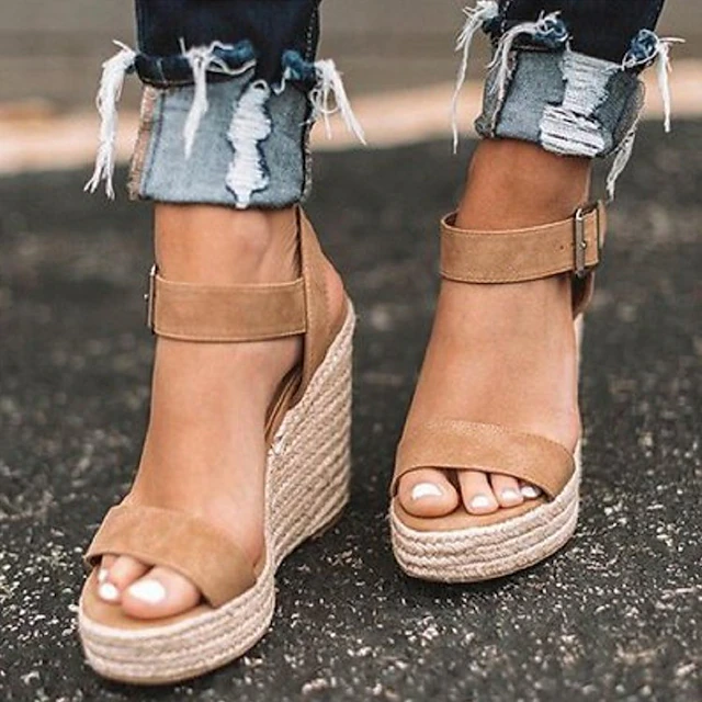 Women's Tan Suede Wedge Sandals with Ankle Strap and Espadrille Sole - Casual Summer Platform Shoes for Everyday Wear 5