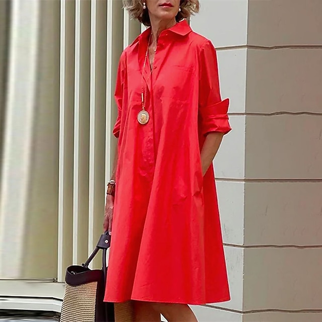  naisten paita mekko rento mekko vaihtomekko midi mekko ulkoilu talvimekko päivittäin polyesteri tyylikäs rento paita kaulus tasku rullattu ranneke pitkähihainen kesä talvi syksy kevät 2023 löysä istuvuus punainen