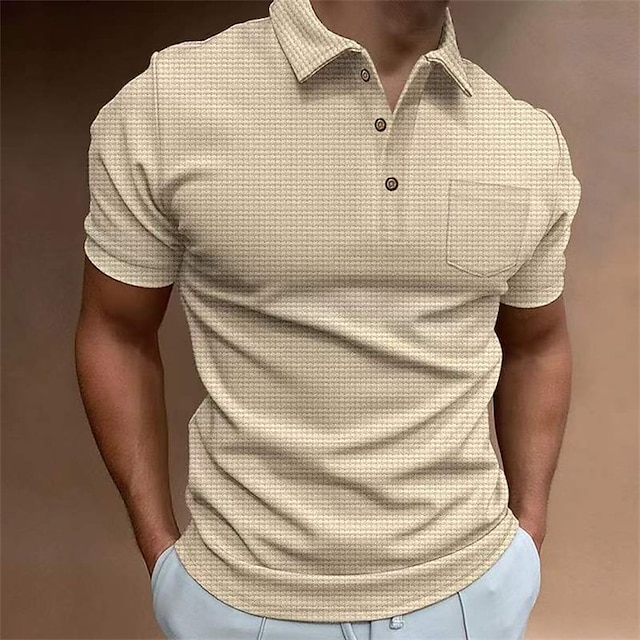  Men's Waffle Polo Shirt Golf Shirt Casual Daily Polo Collar Classic Short Sleeve Fashion Modern Solid Colored Pocket Button Front Spring & Summer Regular Fit Black White Blue Khaki Gray Waffle Polo