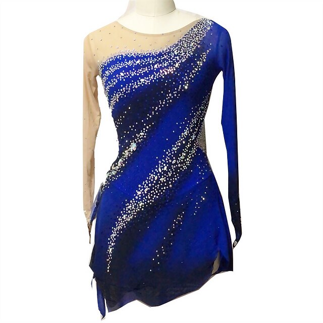 Figure Skating Dress Women's Girls' Ice Skating Dress Royal Blue Thumbhole Spandex High Elasticity Training Competition Skating Wear Handmade Crystal / Rhinestone Long Sleeve Ice Skating Figure3