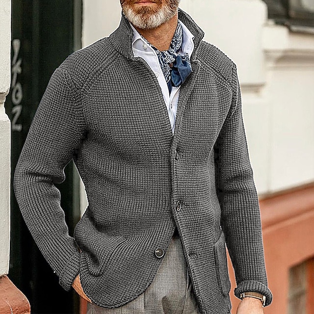 Men's Sweater Cardigan Sweater Blazer Waffle Knit Cropped Knitted Solid ...