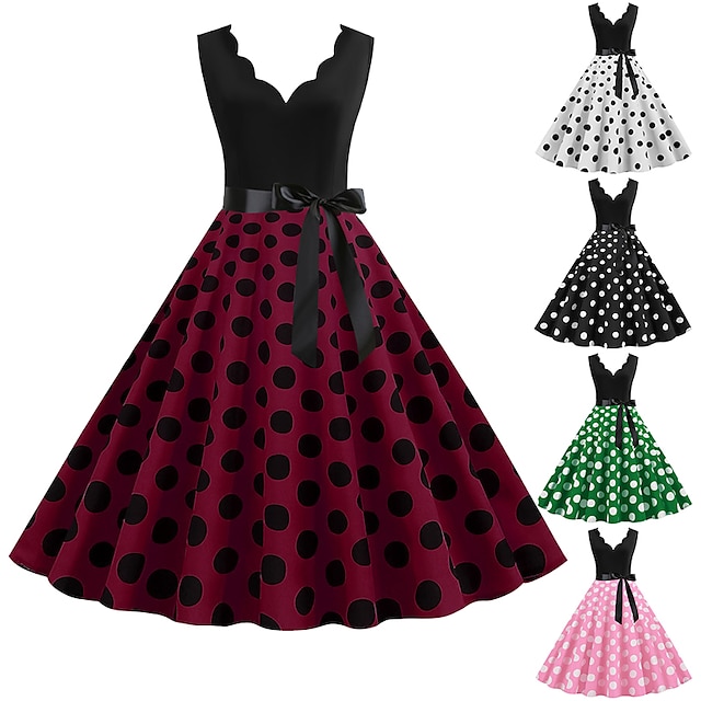  Elegant Retro Vintage 1950s Ball Gown Cocktail Dress Dress Flare Dress Knee Length Gentlewoman Women's Polka Dot A-Line V Neck Normal Carnival Dailywear Casual Evening Party Adults' Dress Spring