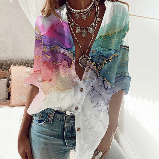 Women's Shirt Long Sleeve Button Down Blouse Tunic Graphic Abstract Streetwear Casual Standing Collar Regular Tops Holiday Weekend Buttons Print Green Spring Fall2