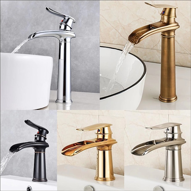  Bathroom Sink Faucet,Brass Waterfall Single Handle Two Holes Bath Taps(Tall or Short Body)