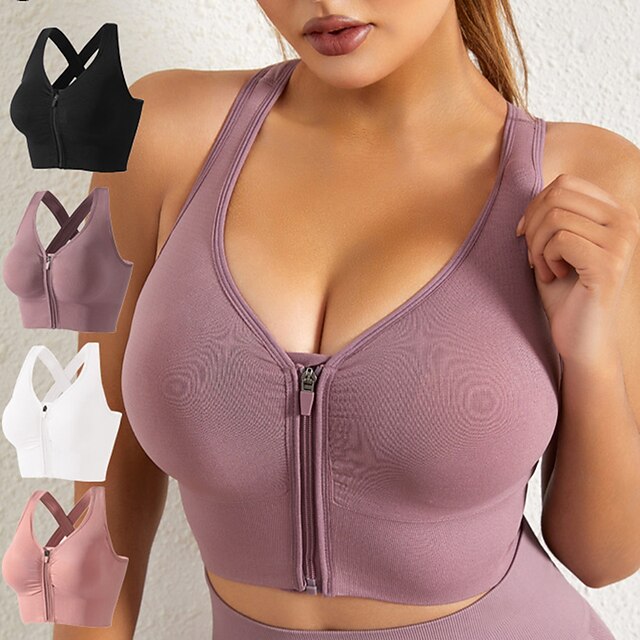 Women's Sports Bra Medium Support Open Back Zipper Solid Color Yoga Fitness Gym Workout Bra Top Sport Activewear Breathable Quick Dry Comfortable Stretchy Slim / Removable Pad / Wireless Home Outfits 17