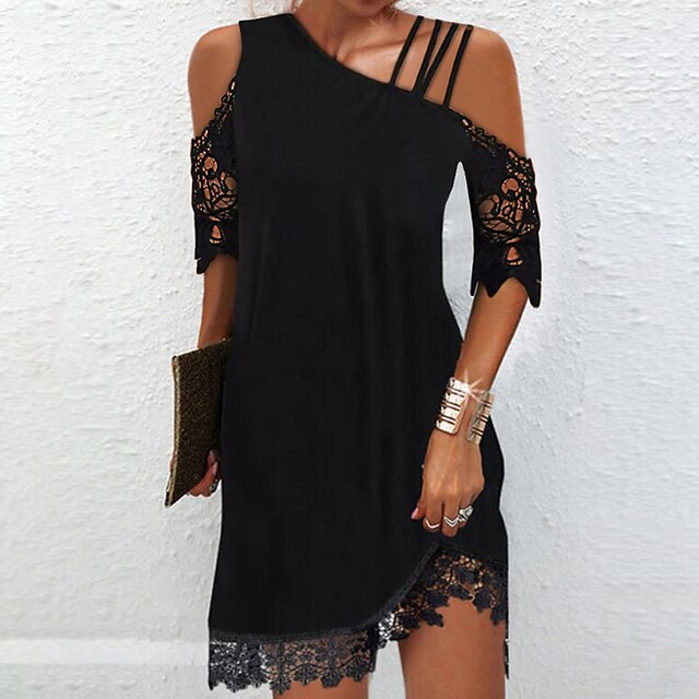 Women's Mini Dress Lace Dress A Line Dress Black Cocktail Dress Modern Mature Outdoor Vacation Going out Regular Fit Pure Color Short Sleeve Spaghetti Strap Cold Shoulder Black Summer Spring4