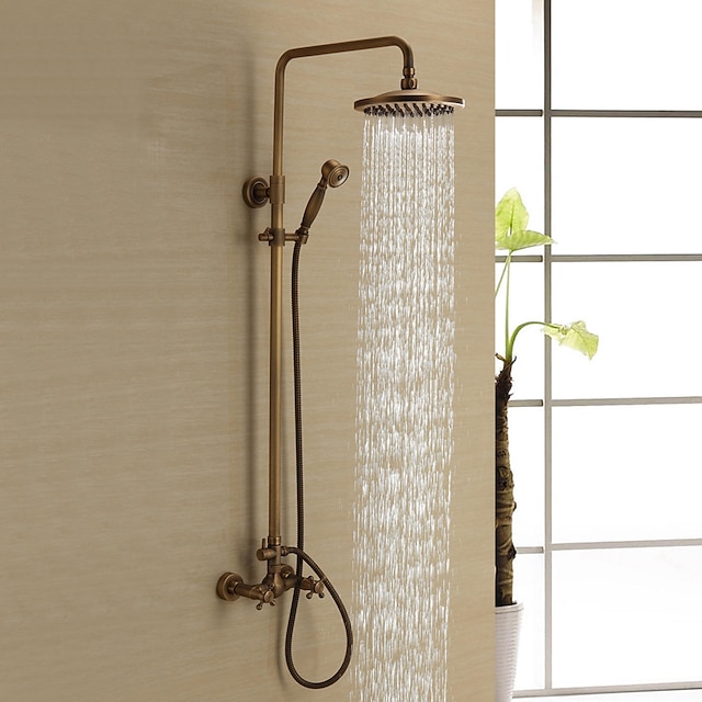  Shower Faucet,Bathroom Shower Fixture Brass Rainfall Shower Head Set with Tub Spout Shower Faucet and Handheld Spray Wall Mount Double Cross Handle with Cold/Hot Water