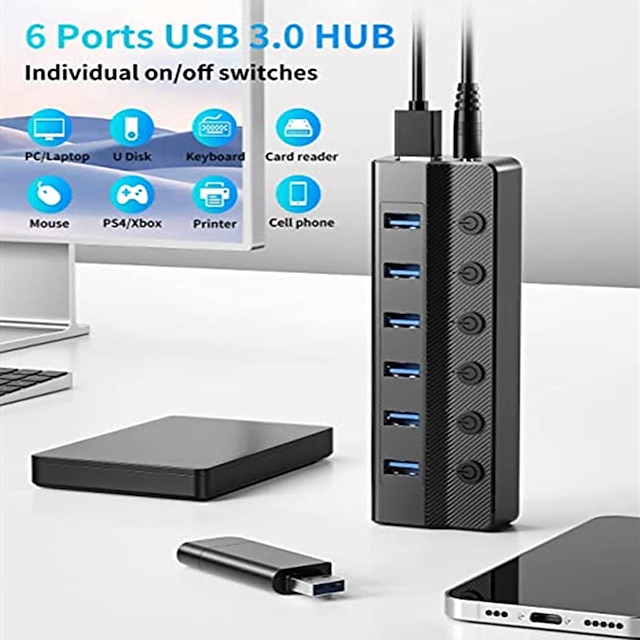  6 Ports USB 3.0 Hub USB Splitter for Laptops with Independent On/Off Switch and Light 3ft Cable USB Port Hub Extension for PC and Computers