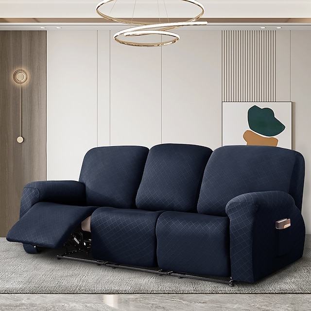  Capa de sofá de cadeira reclinável super estiramento 1/2/3/4 assentos com bolso, capa de sofá macia antiderrapante, protetor de móveis reclináveis jacquard de verificação de spandex lavável para