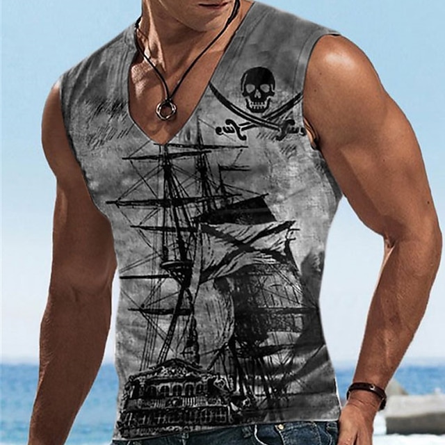  Pirate Ship Mens 3D Shirt For Beach | Purple Summer Cotton | Men'S Unisex Undershirt Graphic Prints Rudder Crew Neck 3D Outdoor Street Sleeveless Clothing Apparel Sports Casual Big And