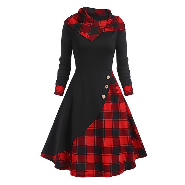 Women's Midi Dress Plaid Dress Casual Dress Sheath Dress Fashion Winter Dress Vacation Daily Loose Fit Plaid Color Block Long Sleeve Hooded Black Red Spring Fall Winter Autumn 16